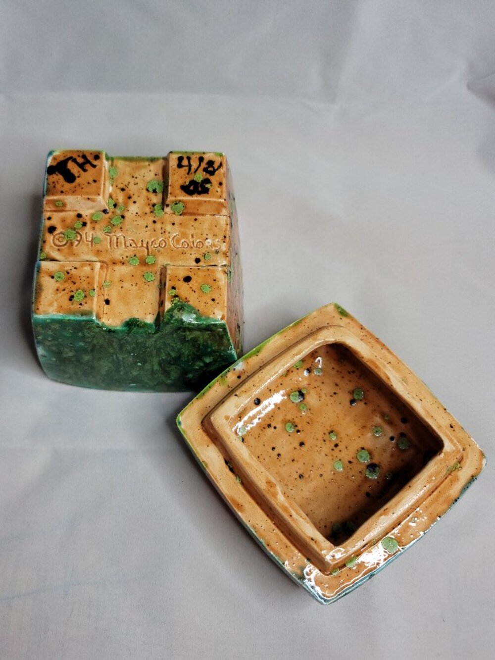 Handmade Blue Green Orange Teal Speckled Pottery Trinket Stash Box - Picture 8 of 10